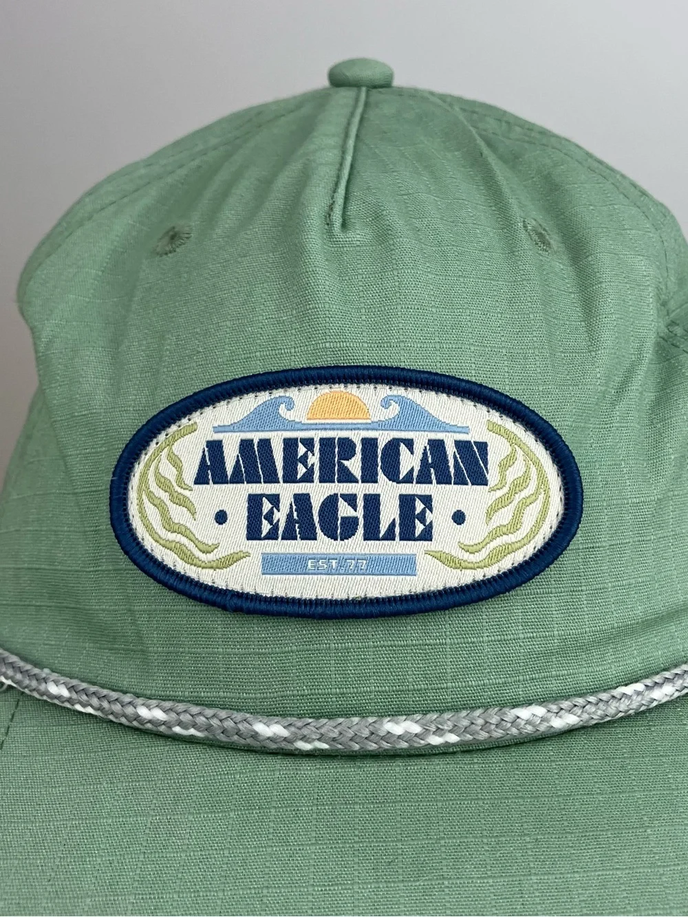 American Eagle Snapback Rope Hat Sage Green Est. 1977 Patch Logo Cap